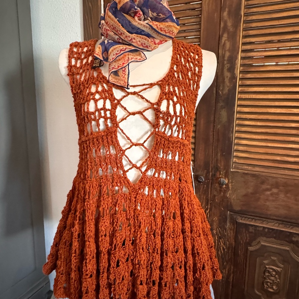 Free People Crochet Lace-Up Tank – Size Small – Rust Orange Boho Festival Top